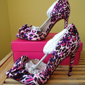 Betsey Johnson Prince-P Pink & Purple Leopard Bow D'Orsay Heels Size 7M